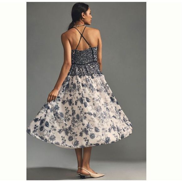 👗Anthropologie Floral Ruched Bodice Maxi Dress XL NWT Black White V-Neck Halter - Picture 2 of 15